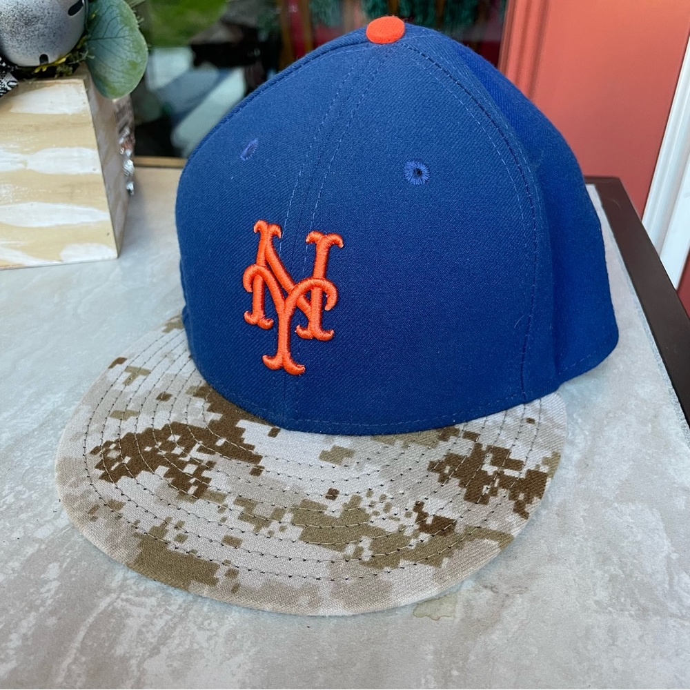 New Era 59Fifty Blue Tan Camo New York Mets baseball hate EUC 7.5